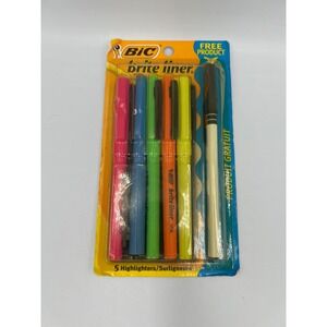 Vintage BIC Brite Liner Highlighters 5 Pack Plus Free Pen New 1991 Made in USA